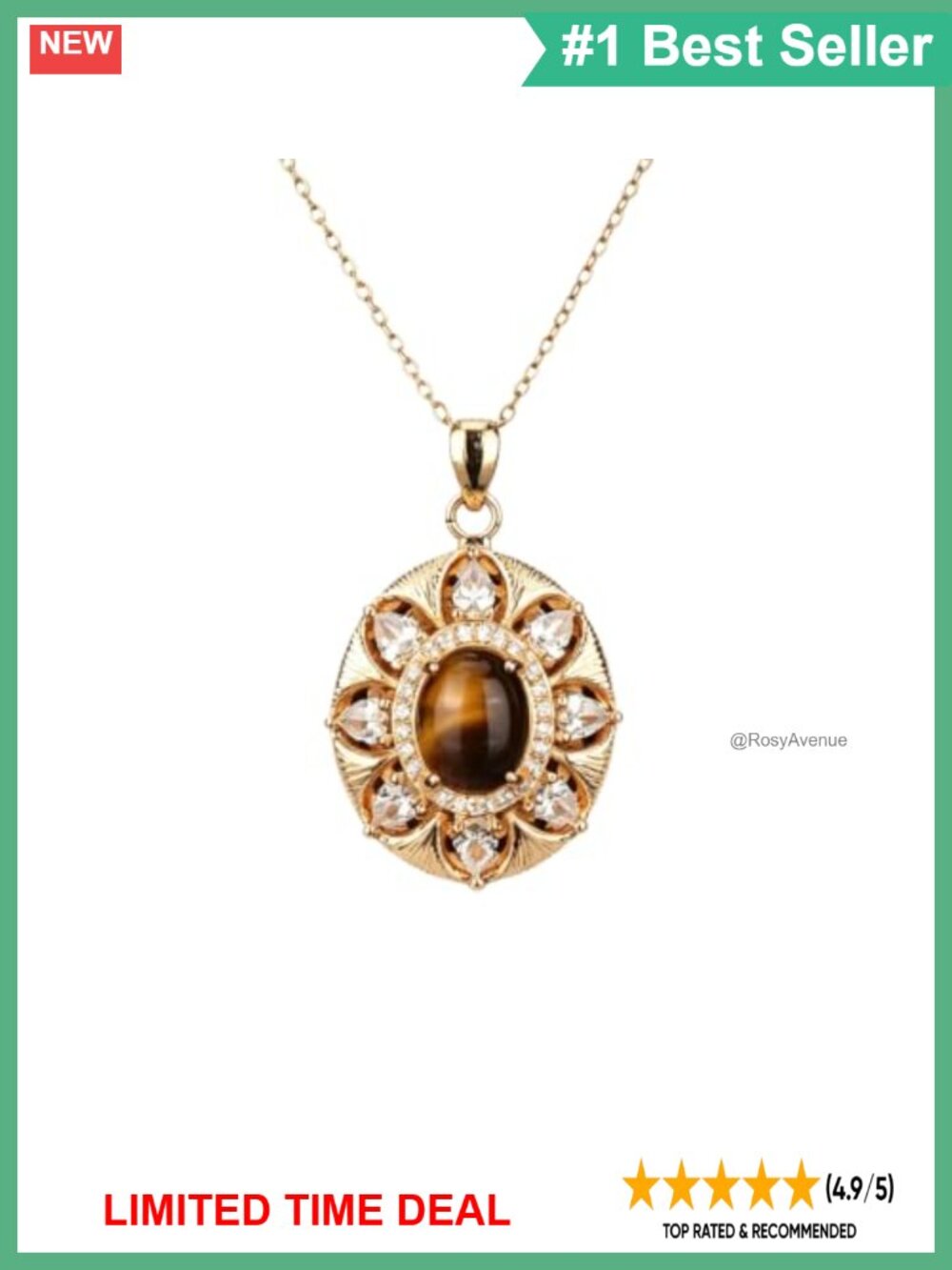 14K Gold Sunflower Tiger Eye Pendant Necklace Vintage Women